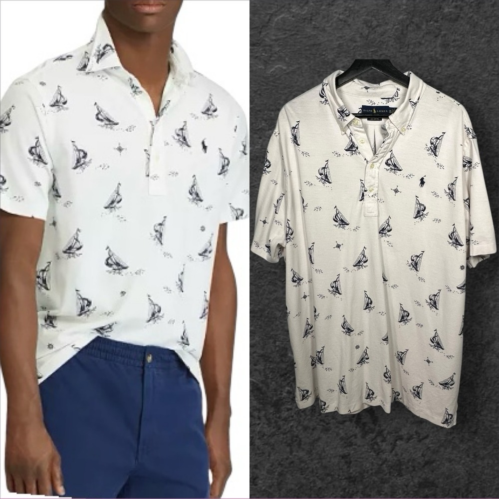 Ralph Lauren Polo Shirt Mens XXLT Oxford‎ All Over Print Sailboat Print Nautical